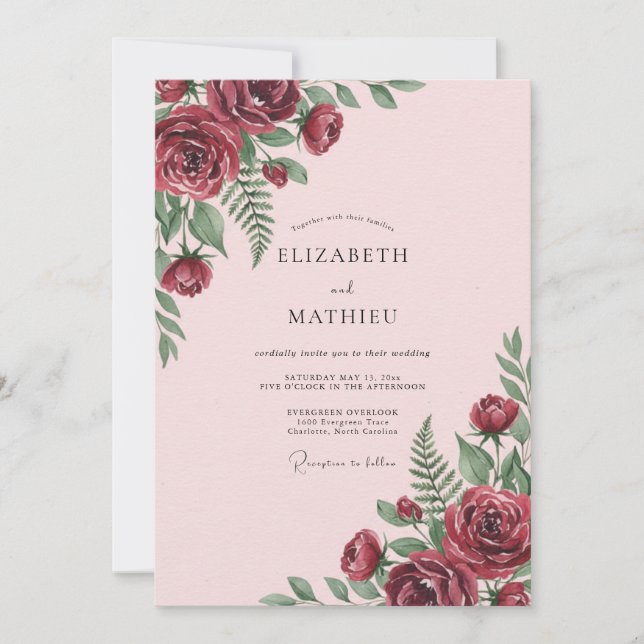 Invitación Boda de rosa suave y helecho granate (Anverso)
