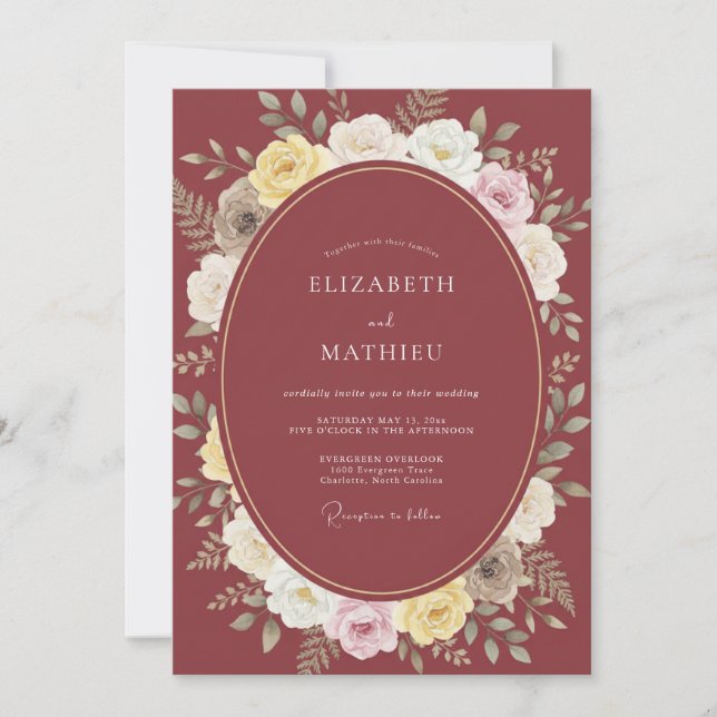 Invitación Boda de Rosa Suntuosa Granate (Anverso)