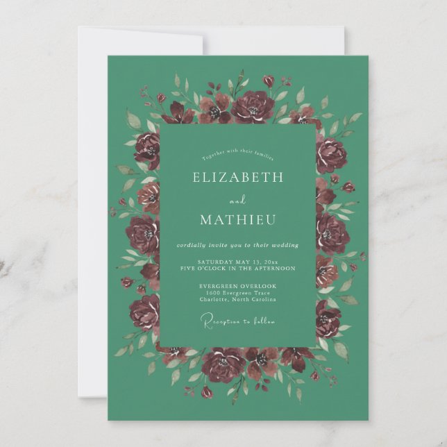 Invitación Boda de Rosa Suntuosa Verde Azul (Anverso)