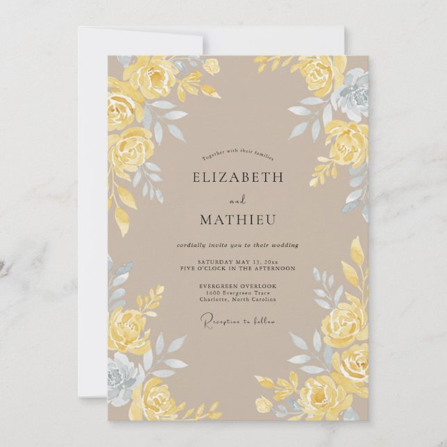Invitación Boda de Rosa Taupe Amarilla (Anverso)