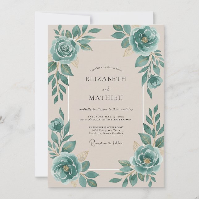 Invitación Boda de Rosa Teal Champagne (Anverso)