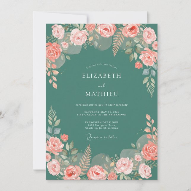 Invitación Boda de Rosa Verde Teal (Anverso)