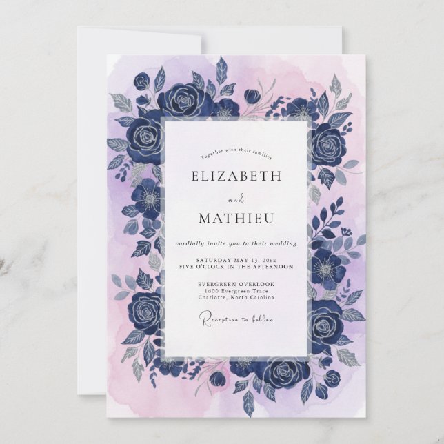 Invitación Boda de Rosa Violeta Cobalto (Anverso)
