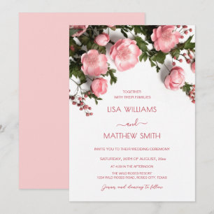 Invitación Boda de rosas 3D elegantes rosadas y blancas