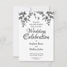Invitación Boda de rosas acuarela blancas y negras modernas