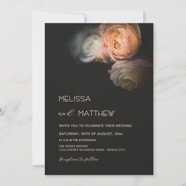 Invitación Boda de Rosas Albaricoque con Rubor Oscuro y Melan (Anverso)