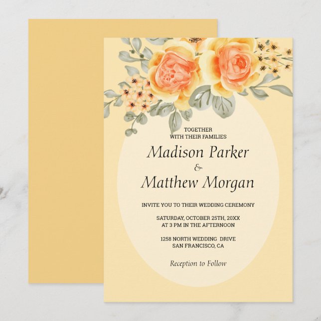 Invitación Boda de rosas amarillas acuarelas (Anverso / Reverso)
