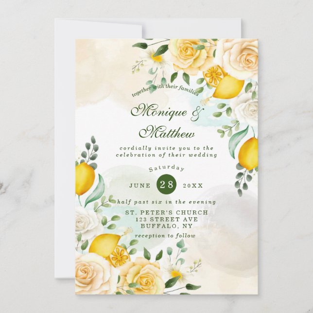 Invitación Boda de rosas amarillas y lemas suaves (Anverso)