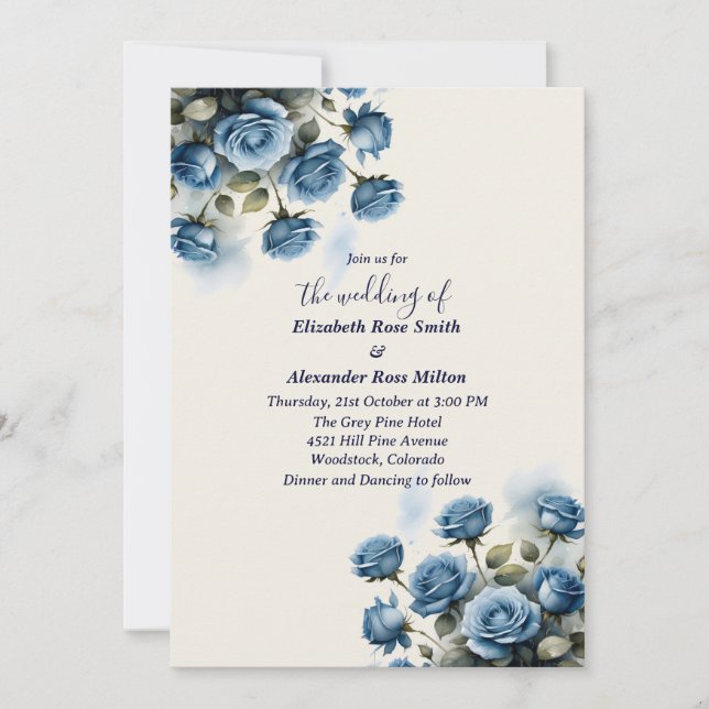 Invitación boda de rosas azul bonito (Anverso)