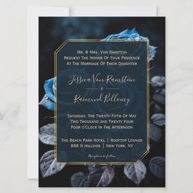 Invitación Boda de Rosas Azul Borgoña (Anverso)