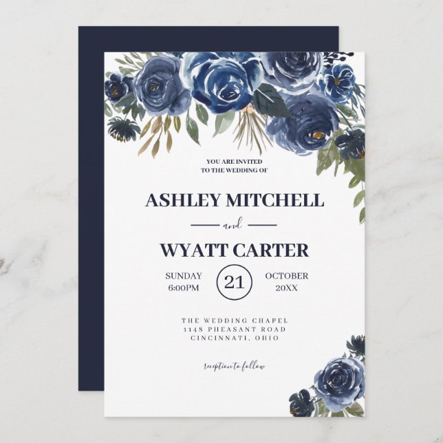Invitación Boda de Rosas azules oscuros (Anverso / Reverso)
