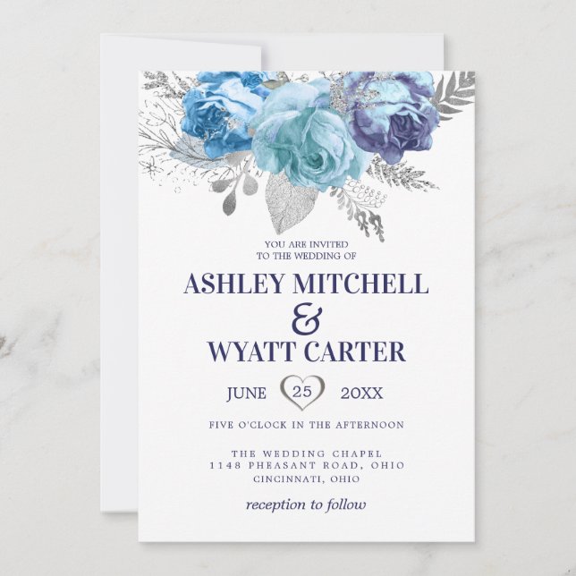 Invitación Boda De Rosas Azules Y Púrpura (Anverso)