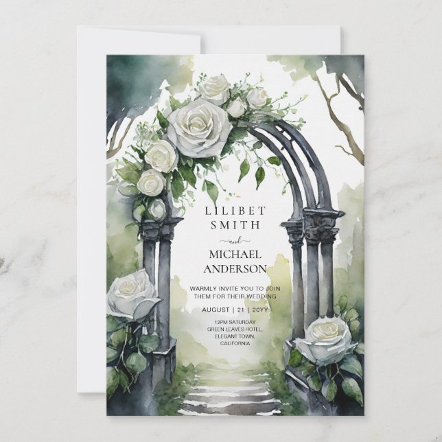 Invitación Boda de rosas blancas góticas (Anverso)