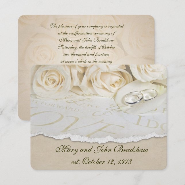 Invitación Boda de rosas blancas promete renovación (Anverso / Reverso)