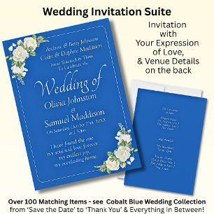 Invitación Boda de rosas blancas y azules cobáltic