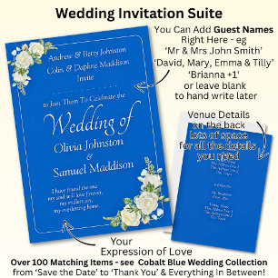 Invitación Boda de rosas blancas y azules cobáltic