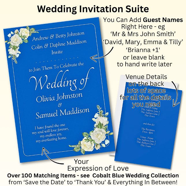 Invitación Boda de rosas blancas y azules cobáltic (Subido por el creador)