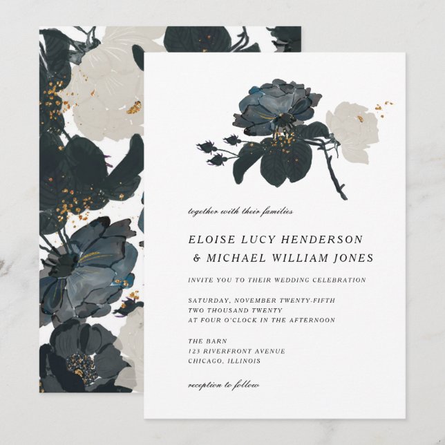 Invitación Boda de rosas blancas y negras (Anverso / Reverso)