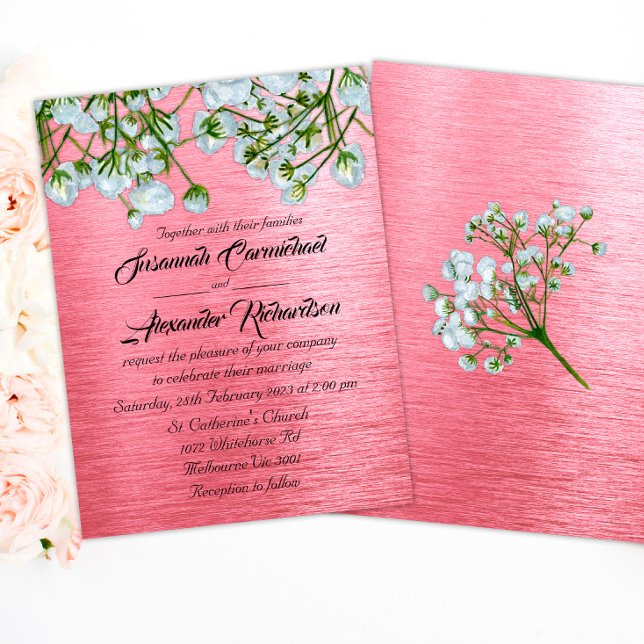 Invitación Boda de rosas blancas y rosadas metálicas contempo (Subido por el creador)