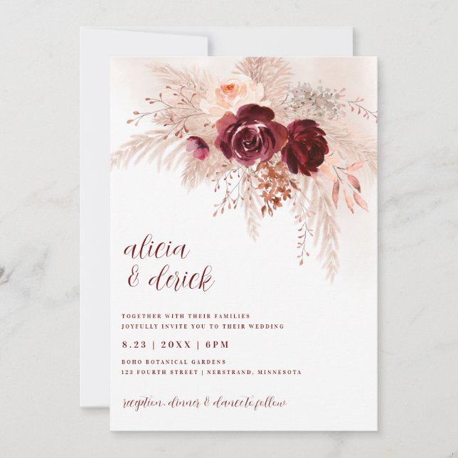 Invitación Boda de Rosas Boho Pampas Grass Burgundy (Anverso)