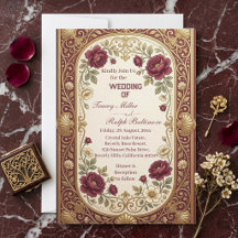 Boda de Rosas Borgoña Doradas Art Nouveau Lujosas