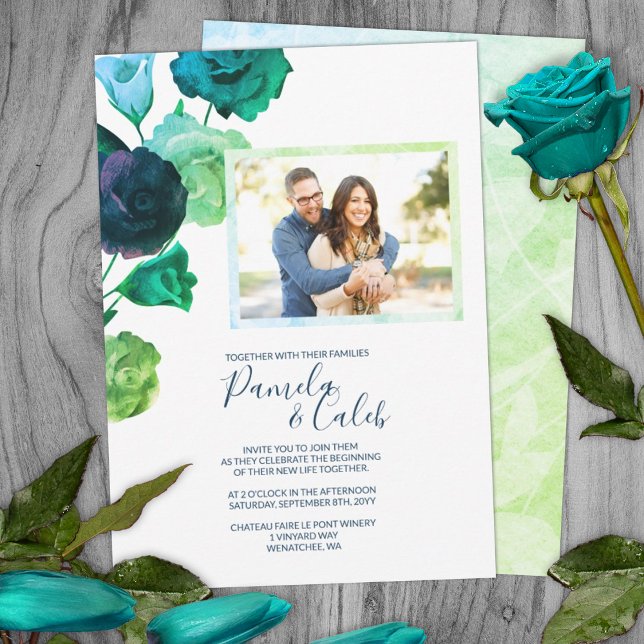 Invitación Boda de Rosas botánicos azul, verde y turquesa (spring springtime wedding bright green teal green roses botanical garden wedding invitations)