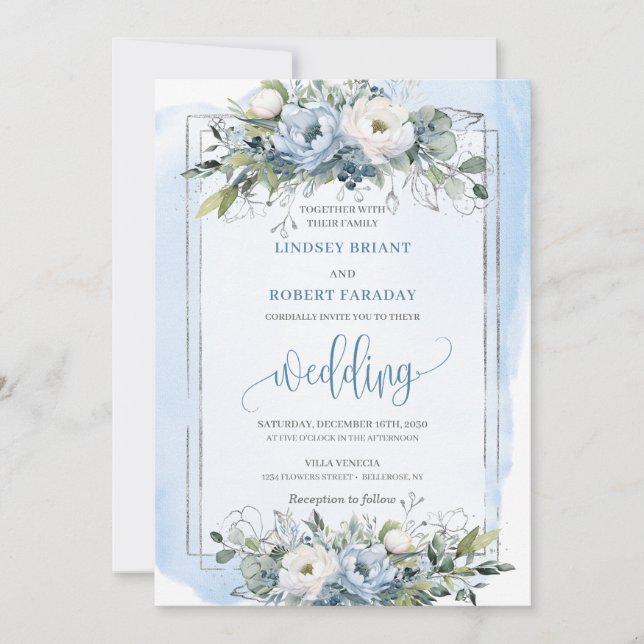 Invitación Boda de Rosas clásicos Boho Pastel Blue Silver (Anverso)
