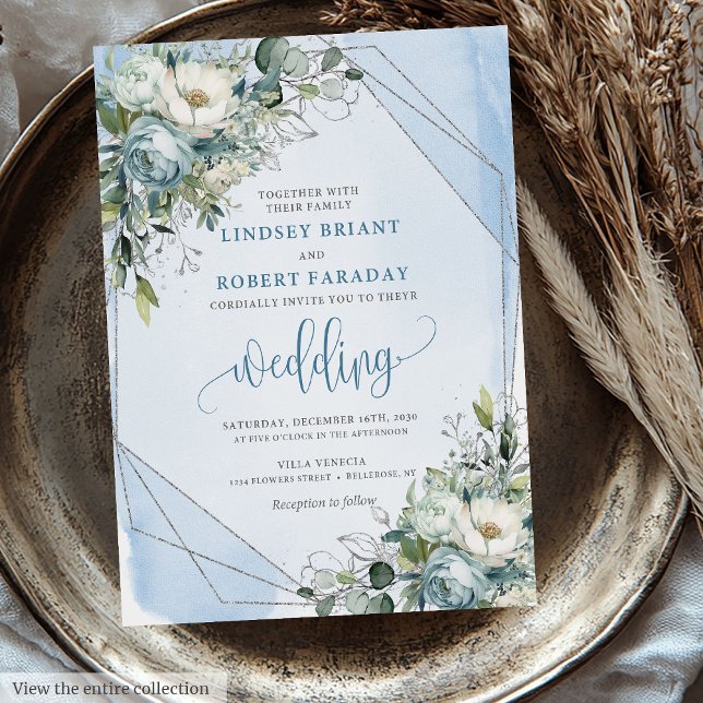 Invitación Boda de Rosas clásicos pastel azul blanco plateado (Classic Pastel Blue White Silver Roses Wedding Invitation)