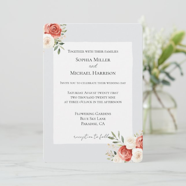 Invitación Boda de Rosas Cremas Rojas Grises Románticas (Anverso de pie)