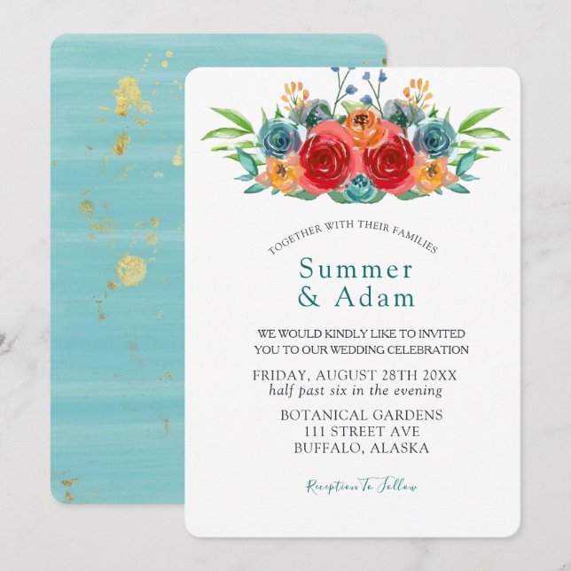 Invitación Boda de Rosas de acuarela de Naranja rojo otoño (Anverso / Reverso)