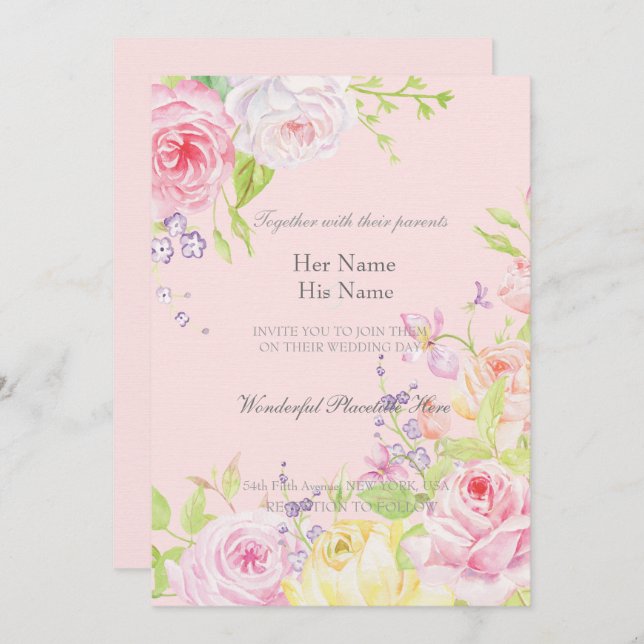 Invitación Boda de Rosas de acuarela romantica rosa (Anverso / Reverso)