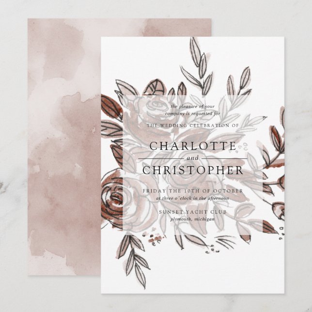 Invitación boda de rosas de acuarela rosa (Anverso / Reverso)