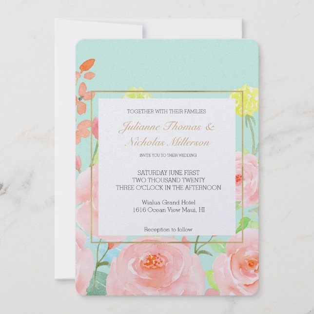 Invitación Boda de Rosas de acuarela rosa y de menta (Anverso)