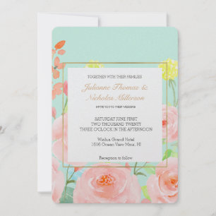 Invitación Boda de Rosas de acuarela rosa y de menta