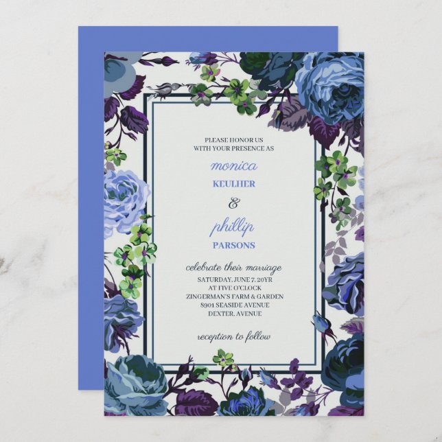 Invitación Boda de Rosas de Basura azul de acero ligero román (Anverso / Reverso)