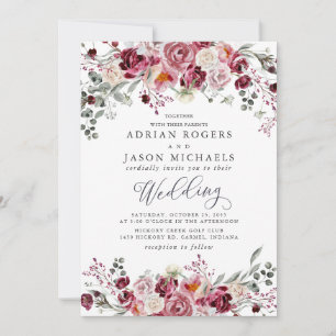 Invitación Boda de Rosas de borgoña y Rubor Watercolor Peony