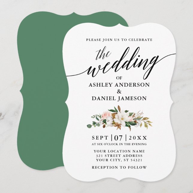 Invitación Boda de Rosas de caligrafía acuarela Magnolias (Anverso / Reverso)