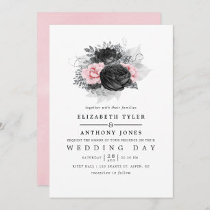 Invitación Boda de Rosas de color rosa y plata negro