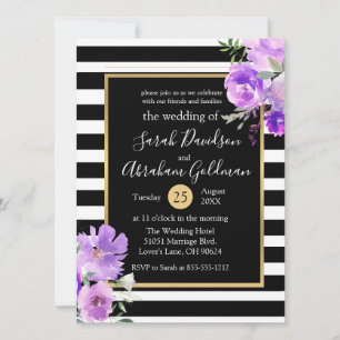 Invitación Boda de Rosas de flores de rayas blancas y negras