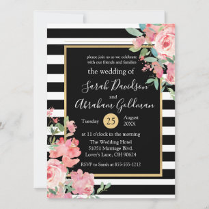 Invitación Boda de Rosas de flores de rayas blancas y negras