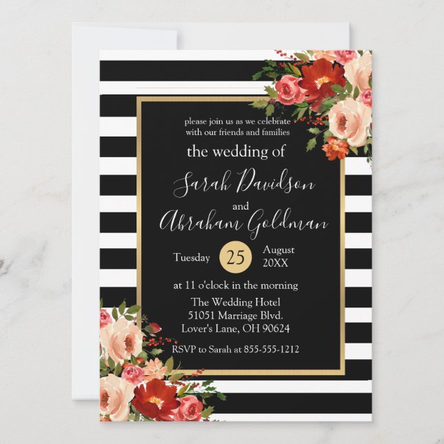 Invitación Boda de Rosas de flores de rayas blancas y negras (Anverso)