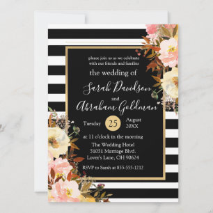 Invitación Boda de Rosas de flores de rayas blancas y negras