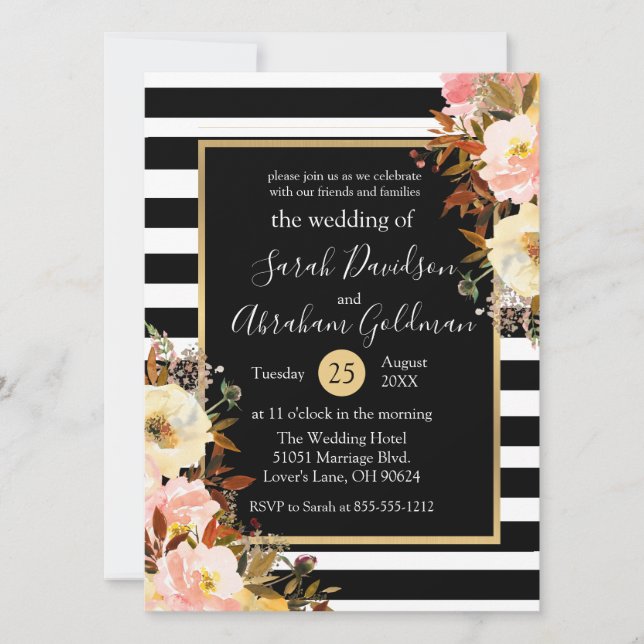 Invitación Boda de Rosas de flores de rayas blancas y negras (Anverso)