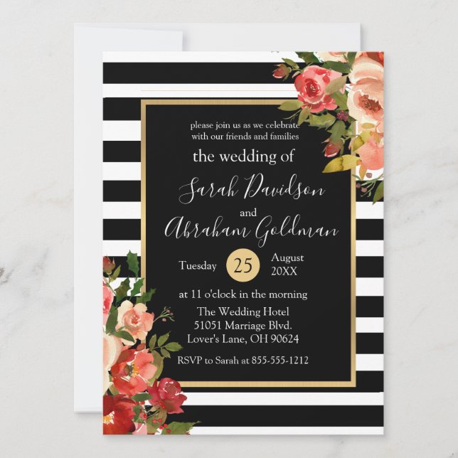 Invitación Boda de Rosas de flores de rayas blancas y negras (Anverso)