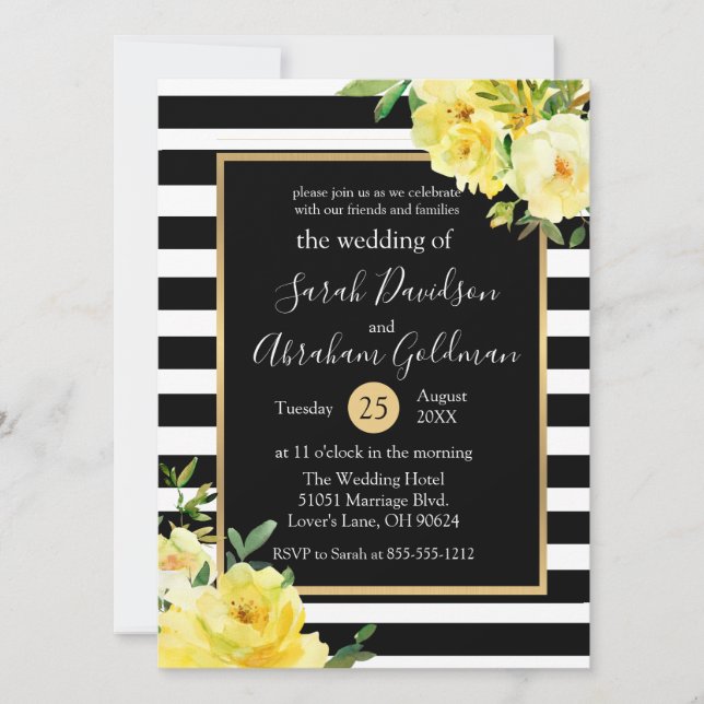 Invitación Boda de Rosas de flores de rayas blancas y negras (Anverso)