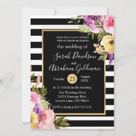 Invitación Boda de Rosas de flores de rayas blancas y negras