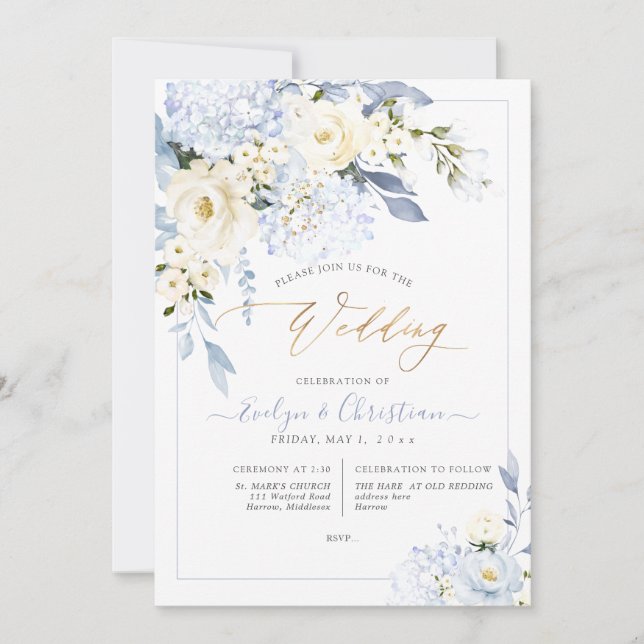 Invitación Boda de Rosas de Hidrangea Azul H2 (Anverso)