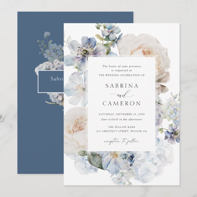 Invitación Boda de Rosas de Hidrangea Floral Azul Dusty (Anverso / Reverso)