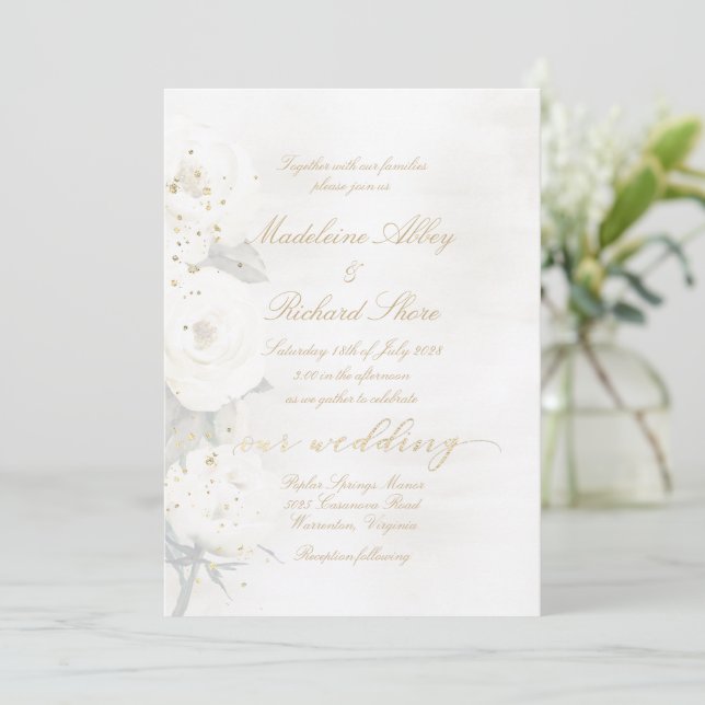 Invitación Boda de Rosas de la Desdemona Blanca Dorada y Perl (Anverso de pie)