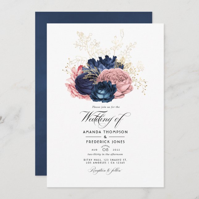 Invitación Boda de Rosas de la Marina Azul y Rosa (Anverso / Reverso)